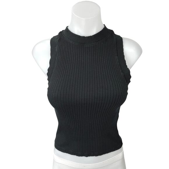 Zara Black High Neck Ribbed Knit Sleeveless Racerback Crop Sweater Tank Top S - Picture 1 of 3